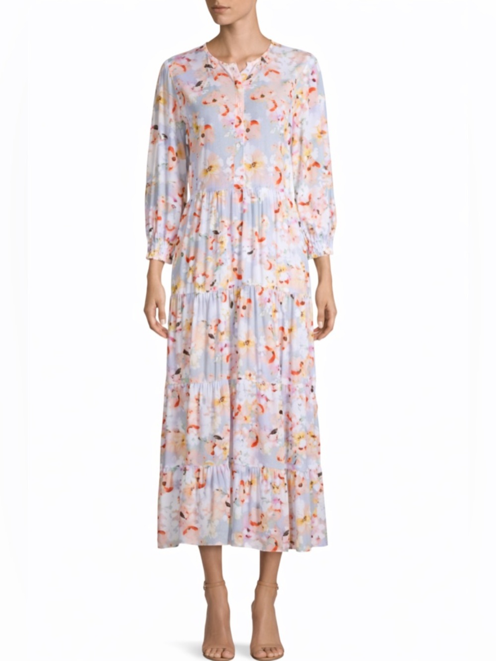 For the Republic Floral Tiered Boho Dress Size L Long Sleeve Midi Maxi